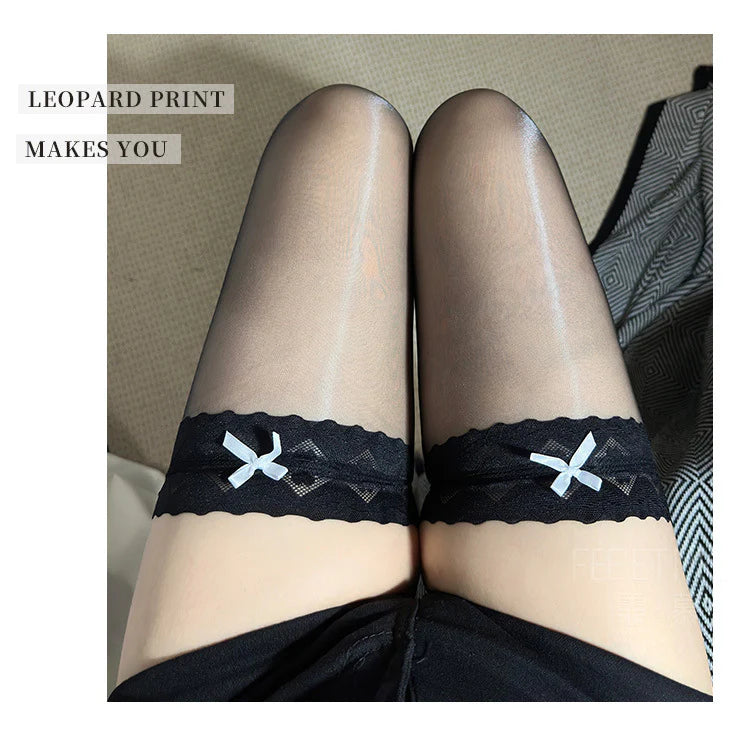 Sexy Lace Bowknot Oil Shiny Thigh High Stockings