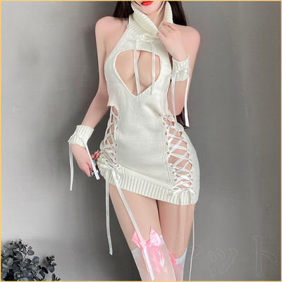 Black and white sexy breastless turtleneck sweater