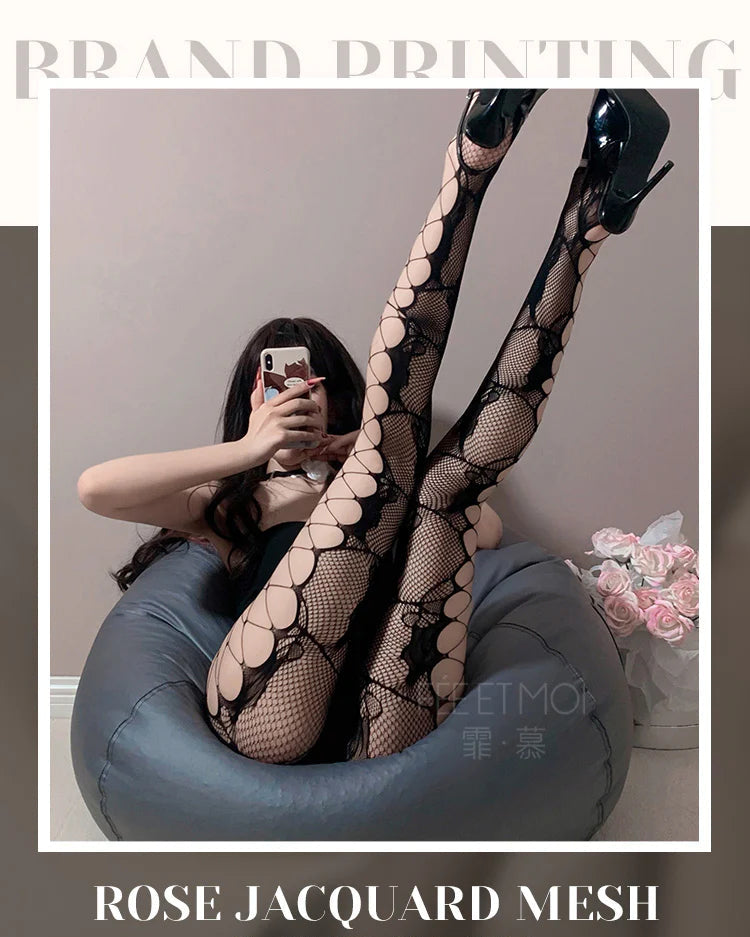Sexy Rose Jacquard Mesh Pantyhose - Side Hollow