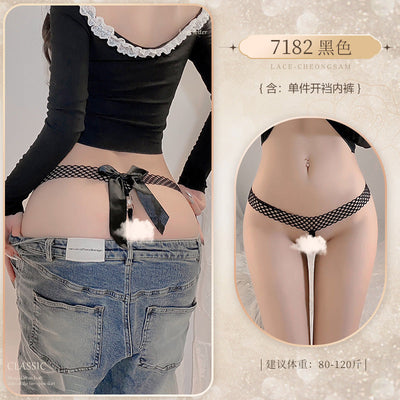 Pearl-Adorned Bow Tie Open Crotch Panties