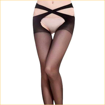 Crotchless criss-cross thigh-high stockings