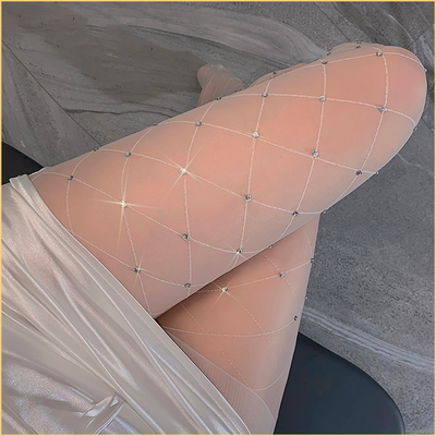 Sexy Rhinestone Studded Open Crotch Fishnet Pantyhose