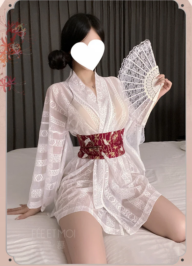 Japanese-Inspired Deep V Lace Kimono Set