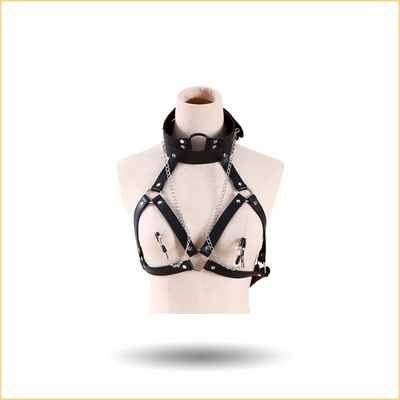 Black Bondage Harness with Gag and Nipple Clamps